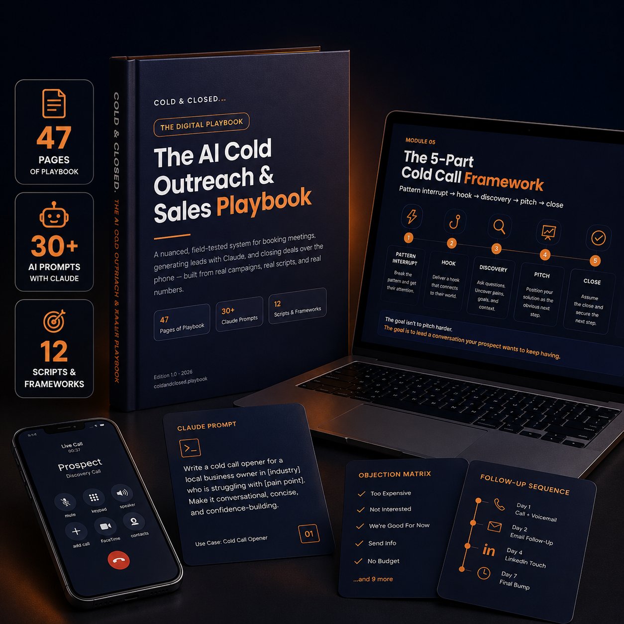 The AI Cold Outreach & Sales Playbook — book, laptop, and phone mockup